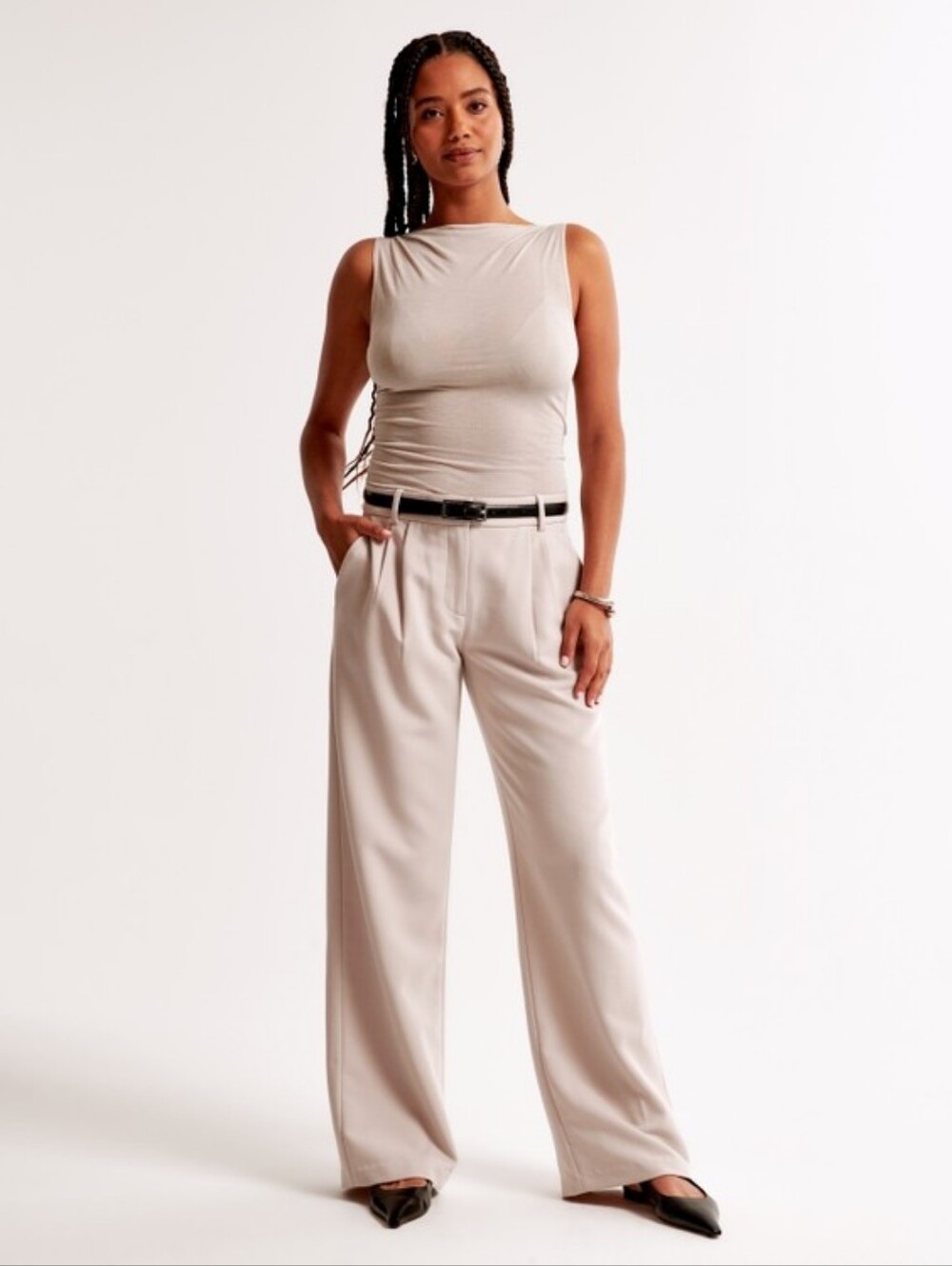 Abercrombie & Fitch Curve Love Sloane Low Rise Tailored Wide Leg Pant Cream Beig